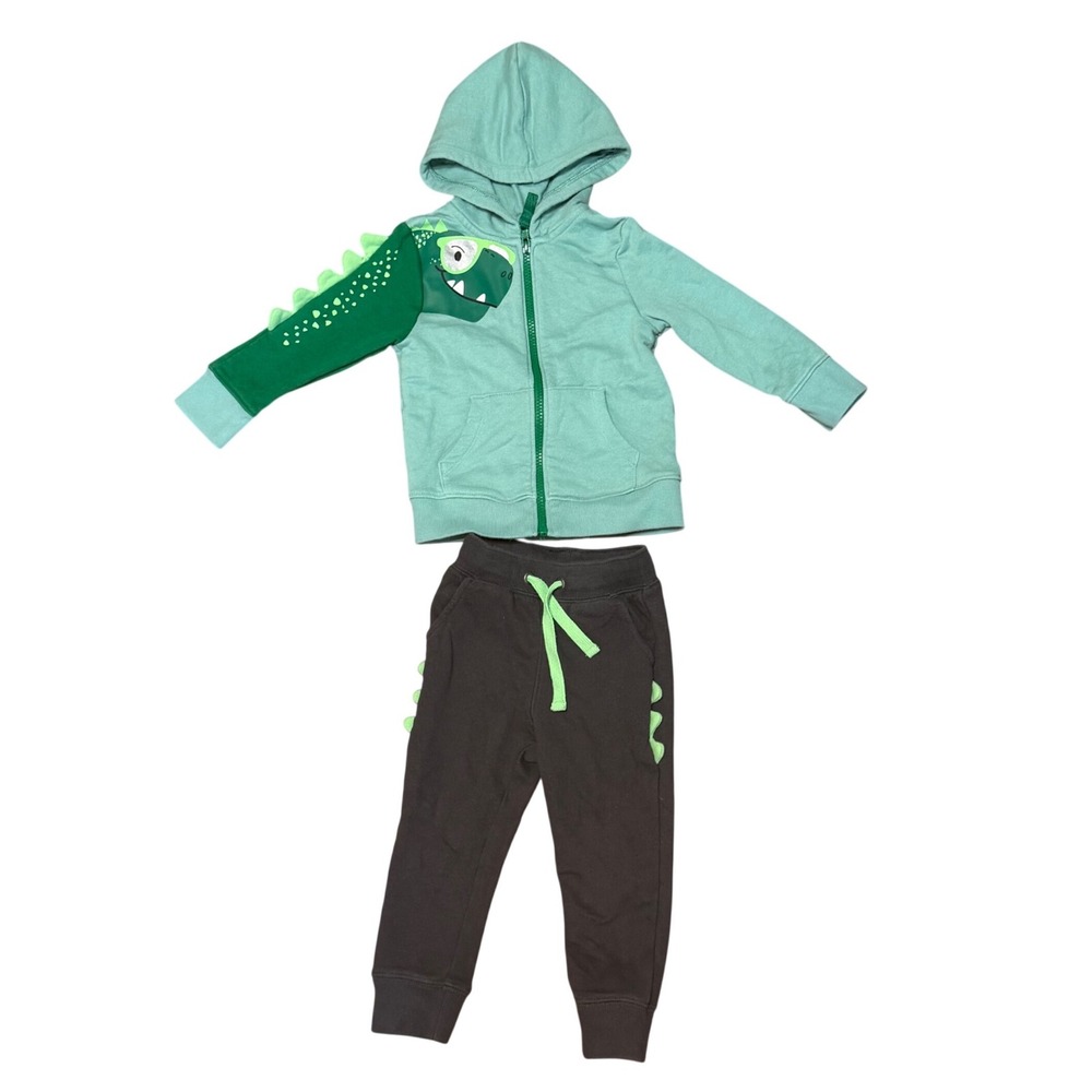 Cat & Jack Boys 2T Green Dinosaur Zip Hoodie and Joggers Matching Outfit Set